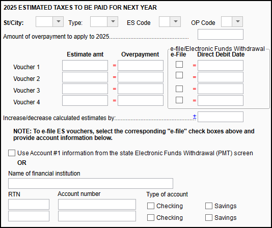 Image of "Estimated Taxes to be Paid for Nex Year" section on screen ES